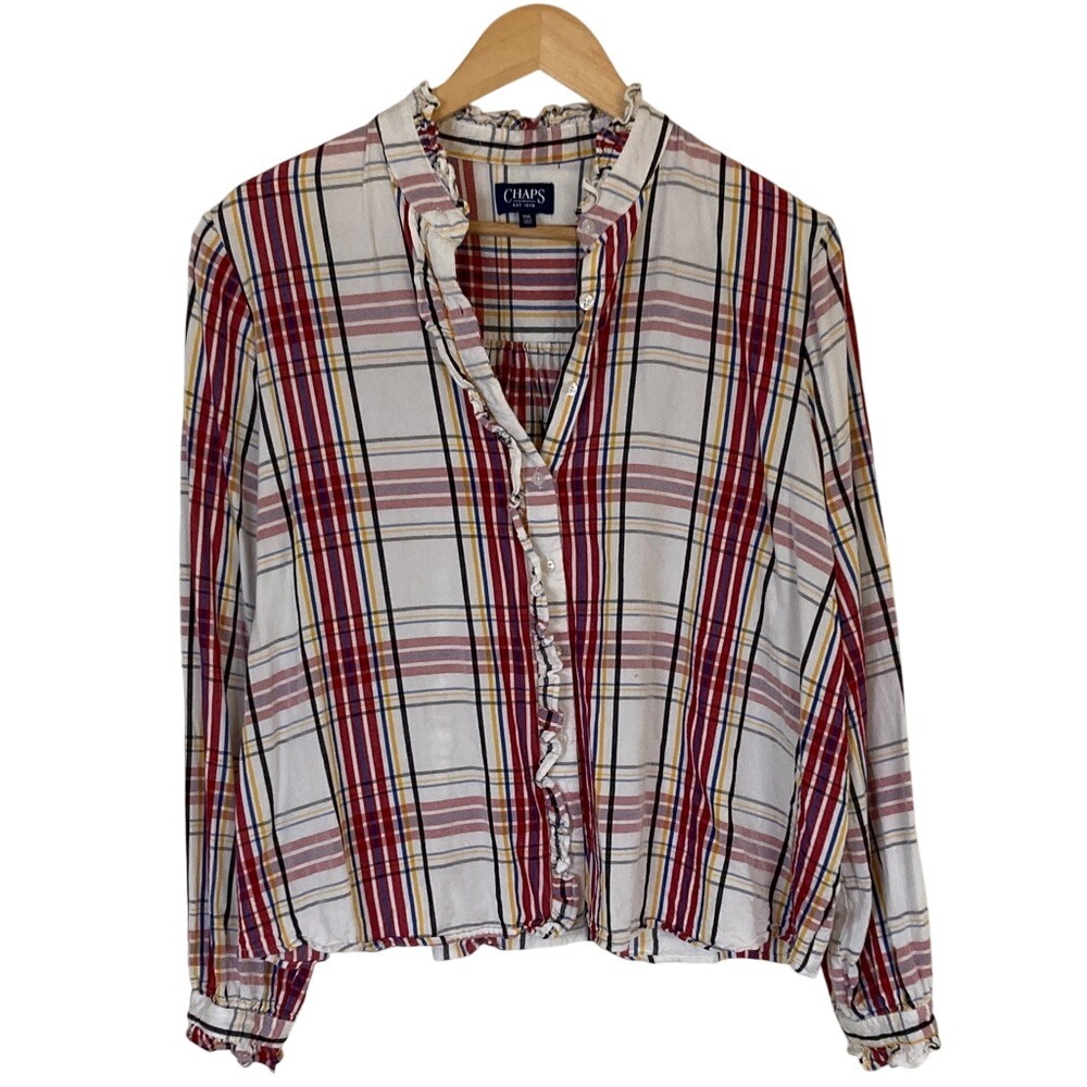 Chaps Women's Multicolor Plaid Ruffle Blouse Size XXL Preppy Classic Feminine